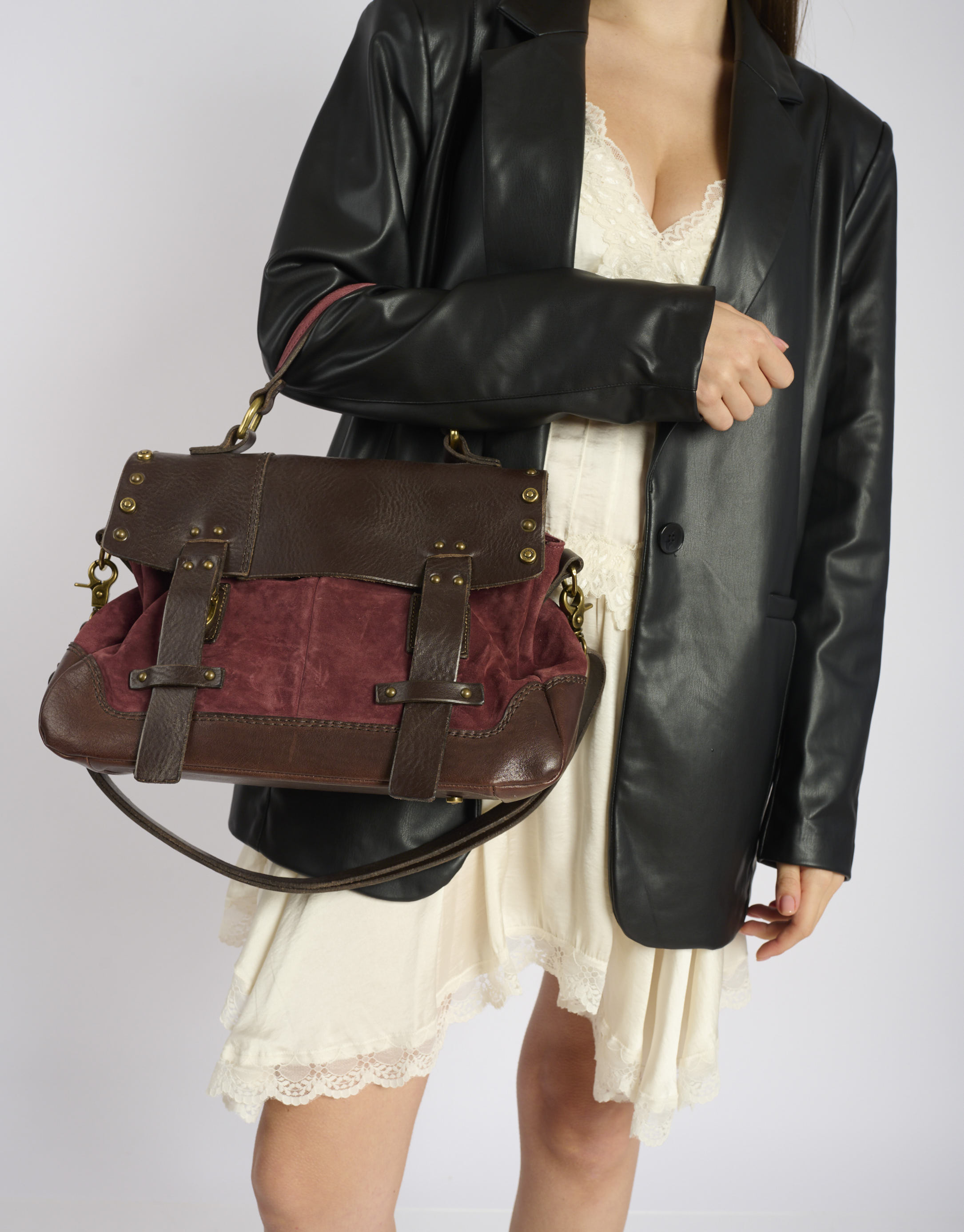 A.S. 98 - תיק עור וזמש שתי רצועות - בורדו1