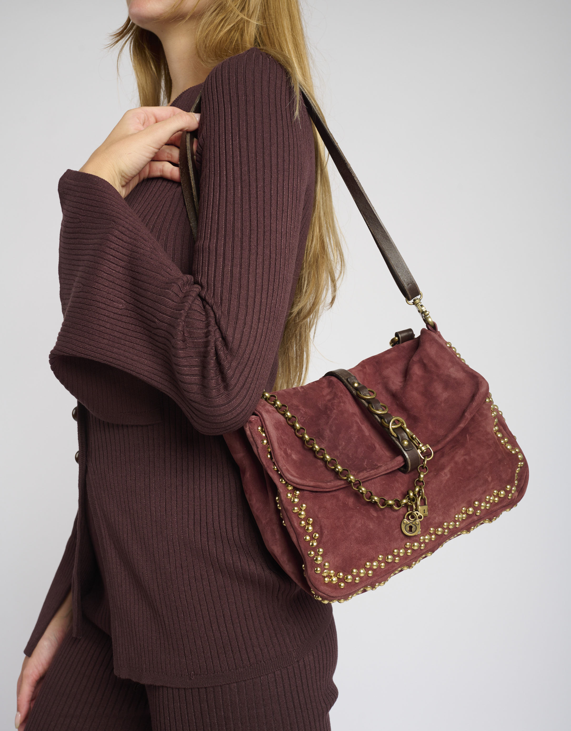 נעלי נשים - A.S. 98 - תיק  זמש קטן שרשרת - בורדו1